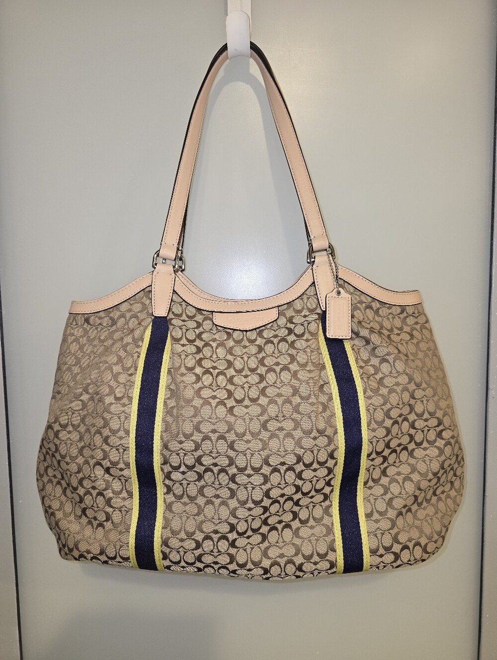 COACH F26131 Devin Signature Jacquard Tan Leather Trim Shoulder Bag Tote Varsity